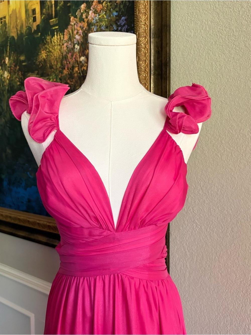 Petal & Pup Flutter Strap Deep V Midi Dress in Hot Pink/Berry. Size small. - Picture 4 of 10